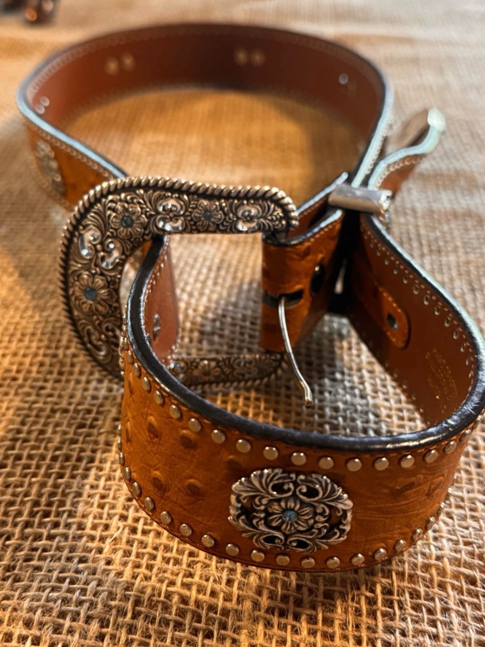 Ariat Brown ostrich print Leather Belt with Ornate Silver Conchos and Buckle